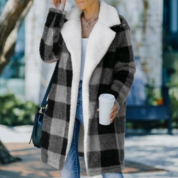 Jackets & Blazers - Cozy gingham Plaid Print Long teddy Coat